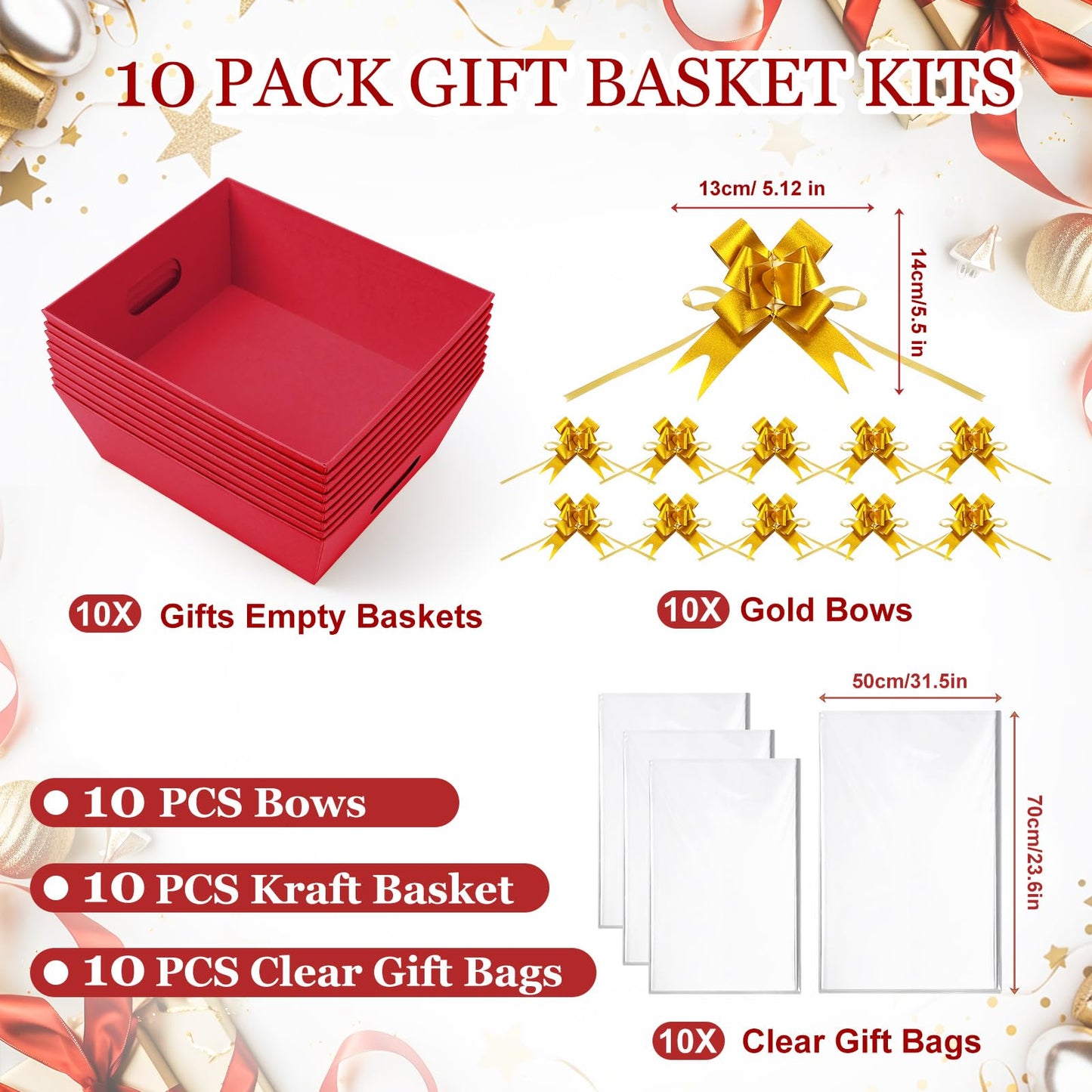 AFOROEOA 10PACK Baskets For Gifts Empty, 10 x 8”Thick Red Gift Basket with 10 Clear Gift Bags and 10 Pull Bows, Empty Gift Baskets for Christmas, Thanksgiving Wedding Birthday Party Wrapping Gift