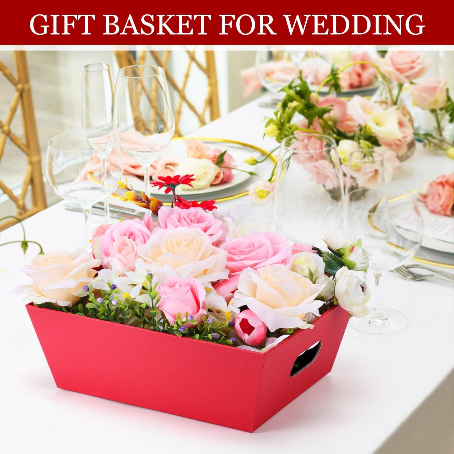 AFOROEOA 10PACK Baskets For Gifts Empty, 10 x 8”Thick Red Gift Basket with 10 Clear Gift Bags and 10 Pull Bows, Empty Gift Baskets for Christmas, Thanksgiving Wedding Birthday Party Wrapping Gift