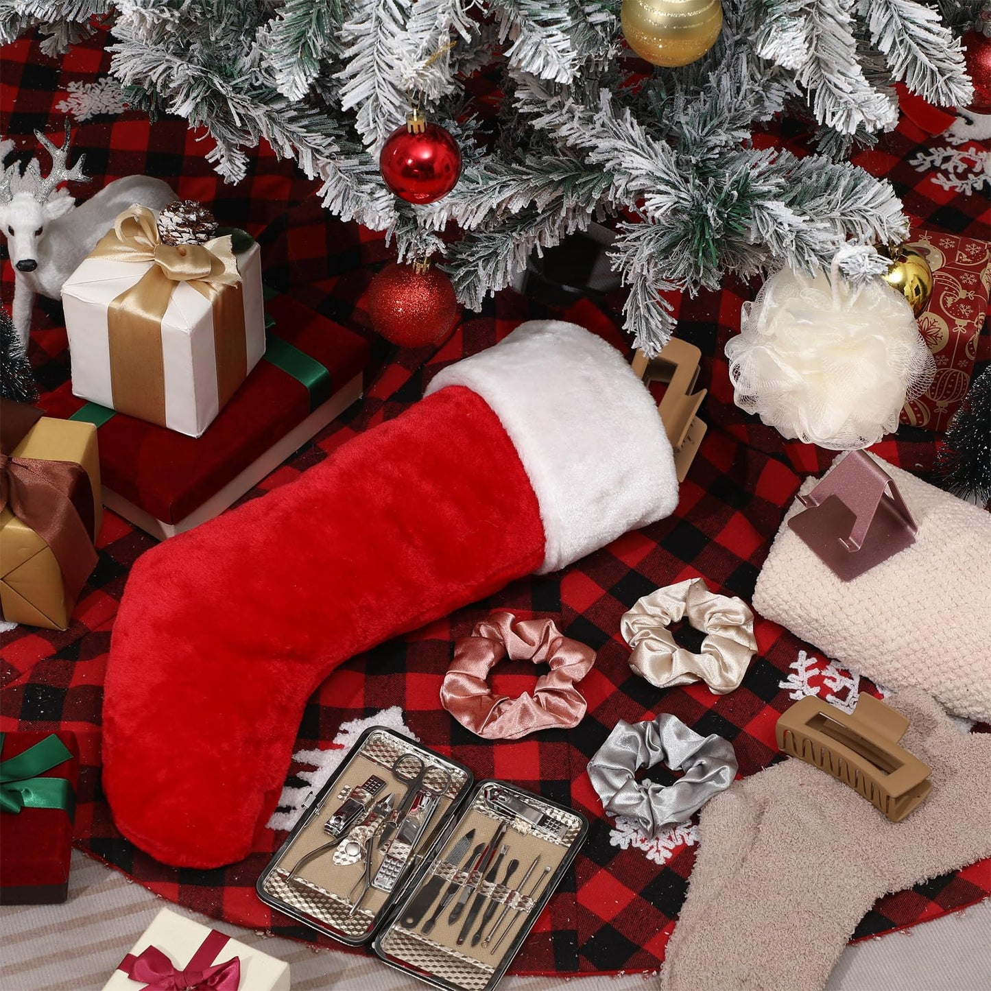 10 Pcs Christmas Stocking Stuffer for Women Include 18 Inch Xmas Stocking Hair Towel Wrap Bath Sponges Nail Clippers Kit Hair Claw Clip Scrunchies Socks Phone Stand for Xmas Gift Ideas