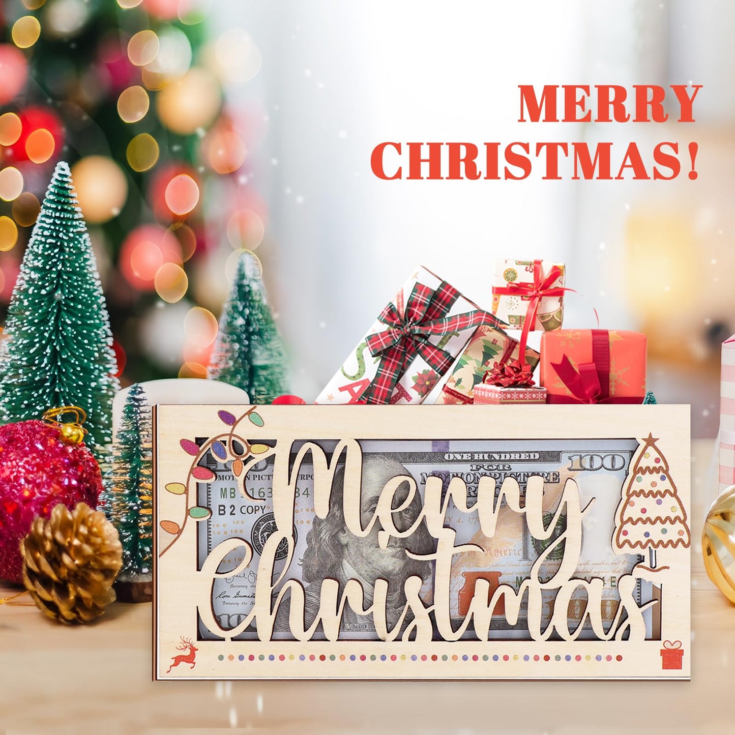 4 PCS Christmas Unique Money Holder Xmas Cash Holder, Fun Ways to Give Money as a Gift, Wooden Cash Envelope Money Wallet Christmas Money Gift DIY Money Clip Christmas Party Gift