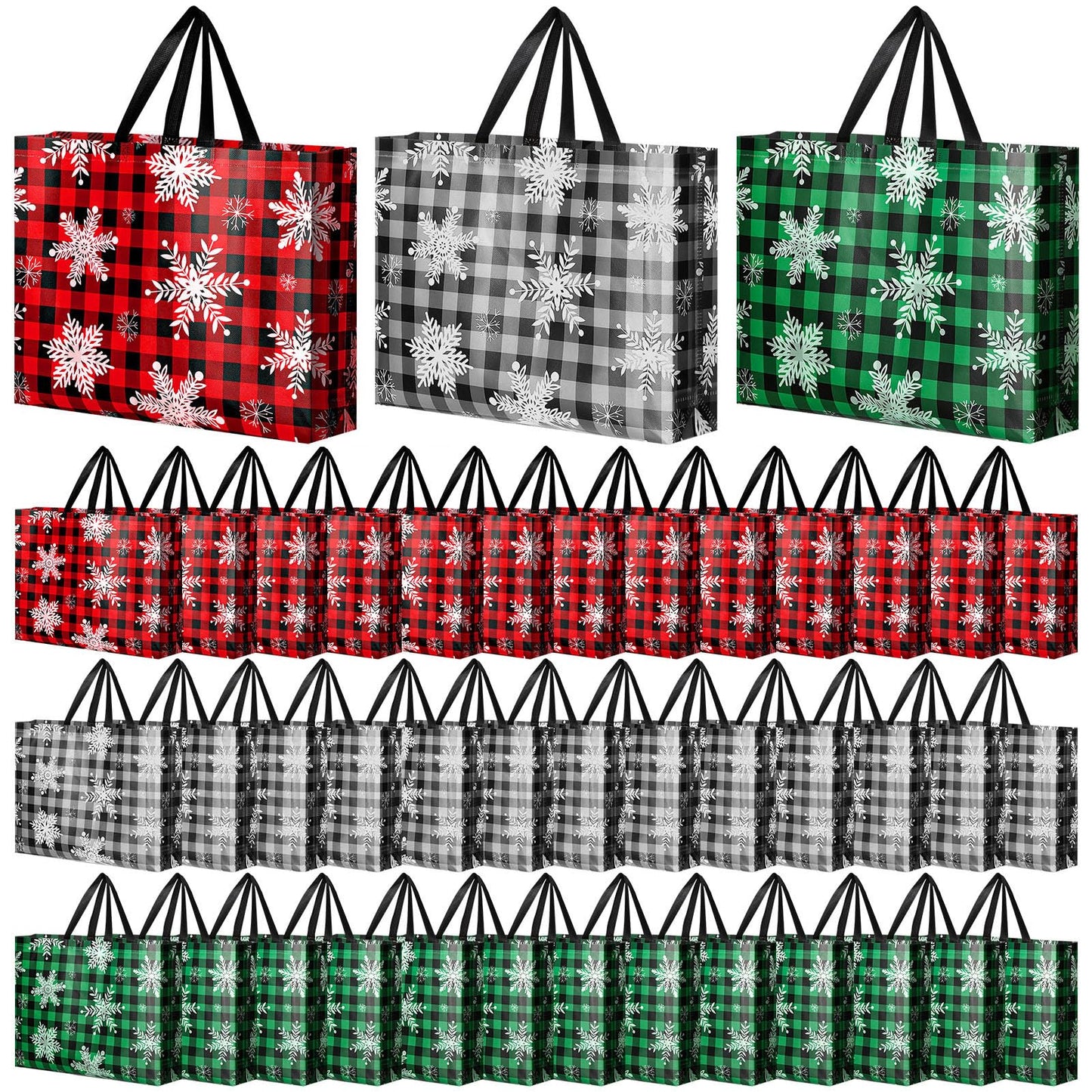 Abbylike 36 Pcs Reusable Christmas Large Gift Bags Bulk Xmas Holiday Plaid Tote Shopping Bags with Handles (Red White Green)